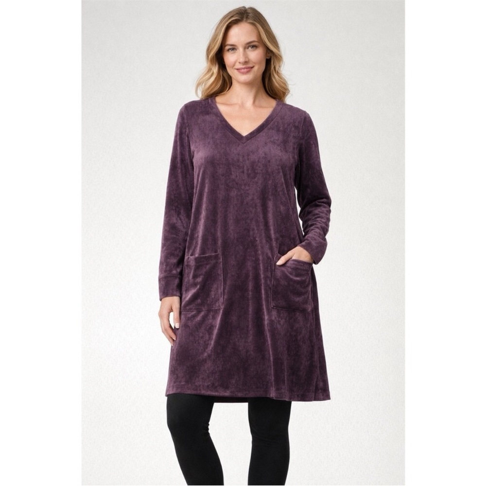 J. Jill Purple Velvet Dress Sz M Lagenlook Pockets Long Sleeve Contemporary